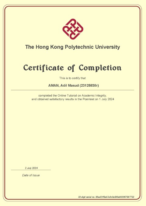 Online Tutorial on Academic Integrity Course Certificate